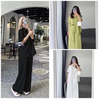 SET ĐŨI GÂN QUẦN DÀI ÁO SƠ MI CỘC TAY XẺ NƠ LƯNG
