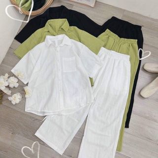 SET ĐŨI GÂN QUẦN DÀI ÁO SƠ MI CỘC TAY XẺ NƠ LƯNG