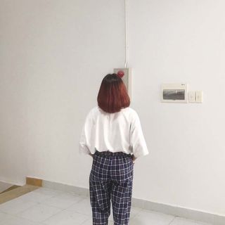 Quần dài caro nữ thun bố kaki co giản lưng chum rút dây Crg 05
