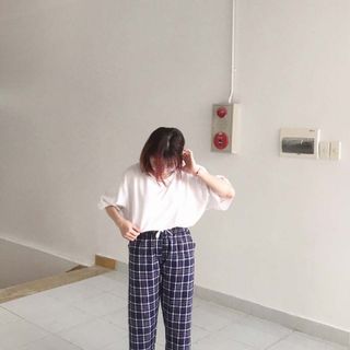 Quần dài caro nữ thun bố kaki co giản lưng chum rút dây Crg 05