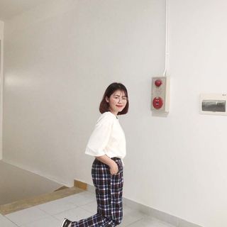 Quần dài caro nữ thun bố kaki co giản lưng chum rút dây Crg 02