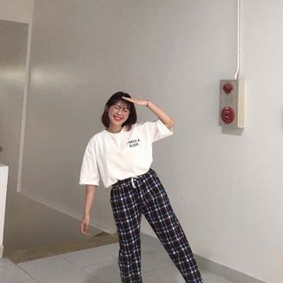 Quần dài caro nữ thun bố kaki co giản lưng chum rút dây Crg 02