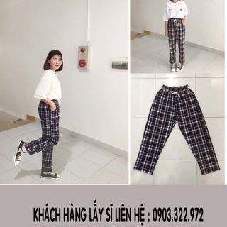 Quần dài caro nữ thun bố kaki co giản lưng chum rút dây Crg giá sỉ