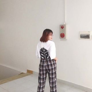Quần dài caro nữ thun bố kaki co giản lưng chum rút dây Crg