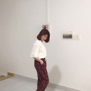 Quần dài caro nữ thun bố kaki co giản lưng chum rút dây Crg