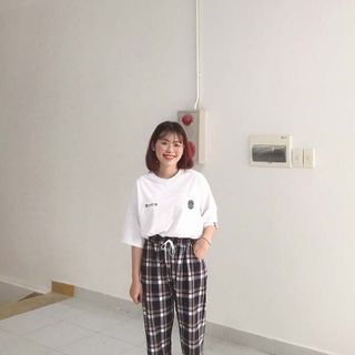 Quần dài caro nữ thun bố kaki co giản lưng chum rút dây Crg 03