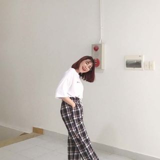 Quần dài caro nữ thun bố kaki co giản lưng chum rút dây Crg 03