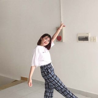 Quần dài caro nữ thun bố kaki co giản lưng chum rút dây Crg 04