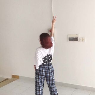 Quần dài caro nữ thun bố kaki co giản lưng chum rút dây Crg 04