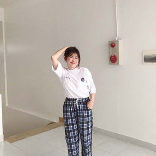 Quần dài caro nữ thun bố kaki co giản lưng chum rút dây Crg 04