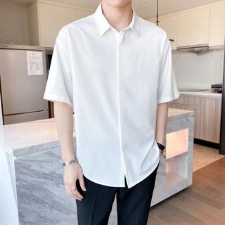 Áo sơ mi lụa nam tay ngắn form rộng giấu nút trẻ trung thanh lịch sang trọng chất lụa mềm mịn mát không nhăn