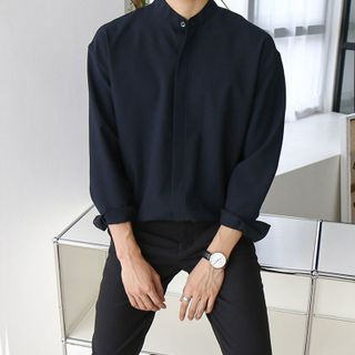 Áo sơ mi nam cổ tàu cổ trụ form rộng tay dài Giấu Nút chuẩn form Hàn Quốc trẻ trung thanh lịch chất lụa mềm mịn mát không nhăn