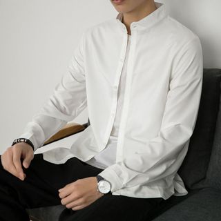 Áo sơ mi nam cổ tàu cổ trụ form rộng tay dài Giấu Nút chuẩn form Hàn Quốc trẻ trung thanh lịch chất lụa mềm mịn mát không nhăn
