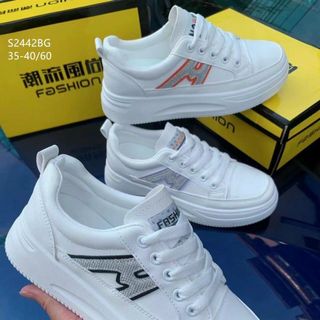 Giày thể thao nữ đế độn màu trắng họa tiết chữ M