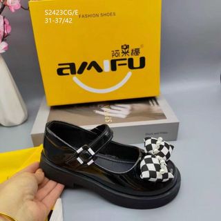 Giày búp bê trẻ em da mềm phối nơ caro