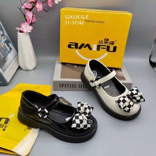 Giày búp bê trẻ em da mềm phối nơ caro
