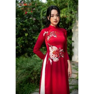 Bộ áo dài truyền thống may sẵn lụa tây thi thêu hoa cao cấp màu đỏ