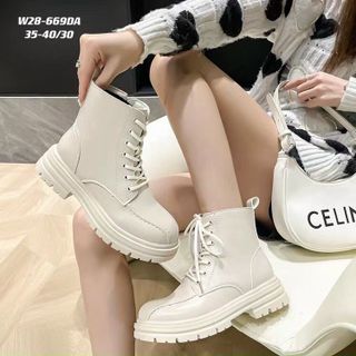 Boots nữ buộc dây da mềm đế răng cưa khóa kéo cạnh
