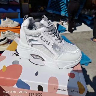 Giày thể thao nữ độn đế chất da phối vải lưới thoáng khí S2715