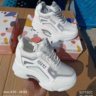 Giày thể thao nữ độn đế chất da phối vải lưới thoáng khí S2715