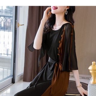 ĐẦM SUÔNG TAY XẺ PHỒI MÀU NÂU ĐEN – DT1665