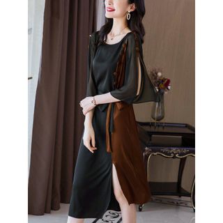 ĐẦM SUÔNG TAY XẺ PHỒI MÀU NÂU ĐEN – DT1665
