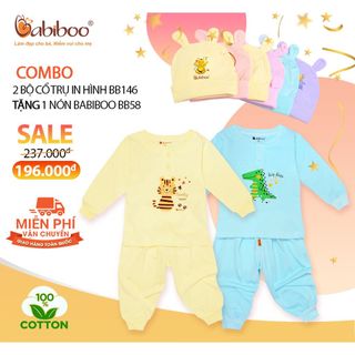 (Tặng Nón) Combo ưu đãi bộ cotton tay dài cổ trụ in hình Babiboo - BB146