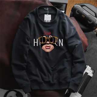 Áo sweater nam vải nỉ form bigsize 90kg - 120kg - đen in hình đôi môi và chim bồ câu