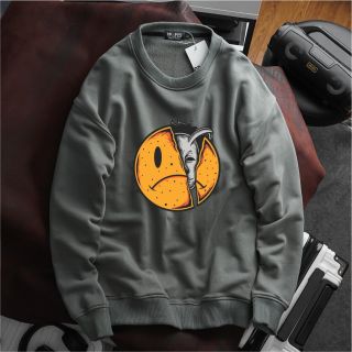 Áo sweater nam vải nỉ form bigsize 90kg - 120kg - xám tro in hình gấu và mặt khóc