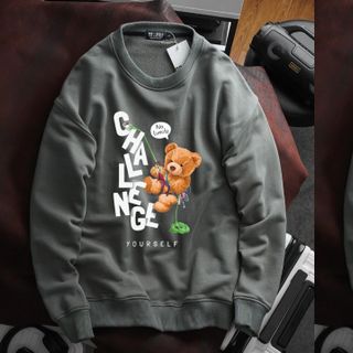 Áo sweater nam vải nỉ form bigsize 90kg - 120kg - xám tro in hình gấu và mặt khóc