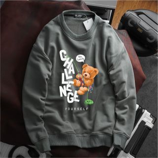 Áo sweater nam vải nỉ form bigsize 90kg - 120kg - xám tro in hình gấu và mặt khóc
