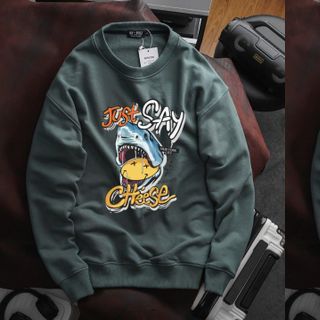 Áo sweater nam vải nỉ form bigsize 90kg - 120kg - xám rêu in chữ Just và hình gấu vàng