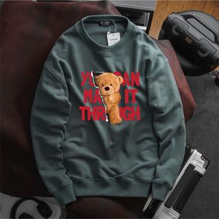 Áo sweater nam vải nỉ form bigsize 90kg - 120kg - xám rêu in chữ Just và hình gấu vàng