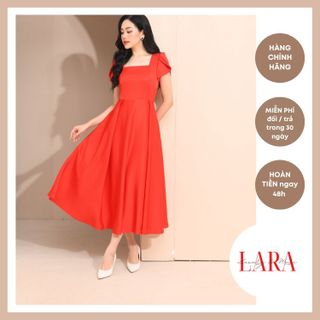 Đầm Dự Tiệc Chất Vải Lụa Hàn Cổ Vuông Màu Đỏ phong cách sang trọng, quyến rũ, điệu đà, quý phái-Thời Trang LARA