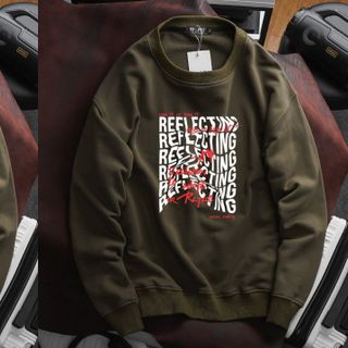 Áo sweater nam vải nỉ form bigsize 90kg - 120kg - xanh rêu in chữ Refiecting
