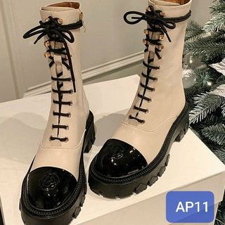 Giày Boots Nữ Da Mềm Buộc Dây phối 2 màu sành điệu AP11