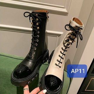 Giày Boots Nữ Da Mềm Buộc Dây phối 2 màu sành điệu AP11