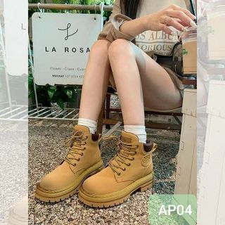Giày Boots Nữ Da Mềm Buộc Dây Cổ Ngắn Đế Răng Cưa cách điệu AP04
