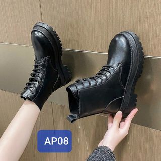 Giày Boots Nữ Da Mềm Buộc Dây Cổ Ngắn Đế cao Răng Cưa AP08