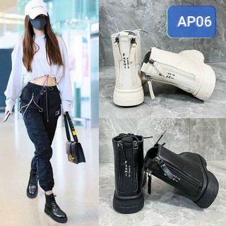 Giày Boots Nữ Da Mềm Buộc Dây Cổ Ngắn phối 2 khóa kéo sau AP06