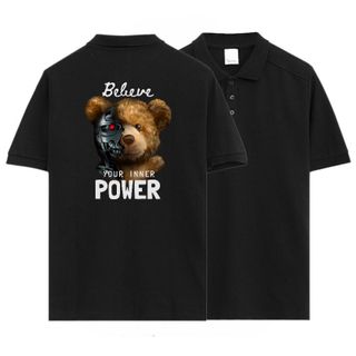 Áo thun polo cổ bẻ nam tay ngắn bigsize (85-130kg) - đen in hình gấu mắt đỏ