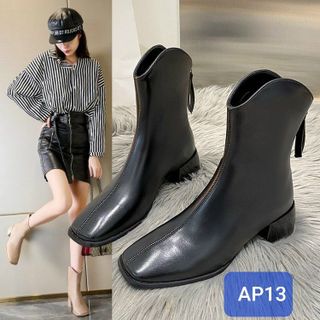 Giày Boot Nữ Cổ Lỡ V chất da mềm Mũi Vuông Khóa Sau tiện lợi AP13