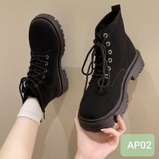 Giày Boots Nữ Da Mềm Buộc Dây Cổ Ngắn Đế Răng Cưa AP02