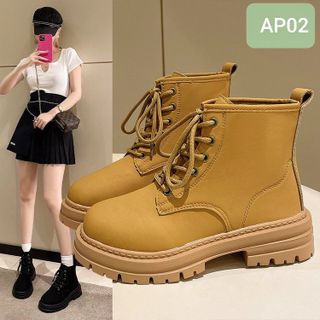 Giày Boots Nữ Da Mềm Buộc Dây Cổ Ngắn Đế Răng Cưa AP02