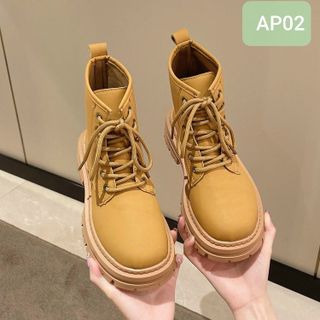 Giày Boots Nữ Da Mềm Buộc Dây Cổ Ngắn Đế Răng Cưa AP02