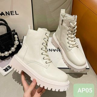 Giày Boots Nữ Da Mềm Buộc Dây Cổ Ngắn có Khóa kéo hông AP05