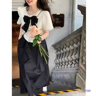 Set đồ nữ tiểu thư áo xốp nơ chân váy dài thanh lịch