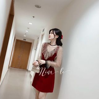 Đầm nữ chữ A tiểu thư phối lưới tay dài thanh lịch