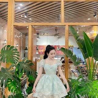 Đầm nữ ren cao cấp dáng xòe tay ngắn cột cổ đi chơi đi tiệc