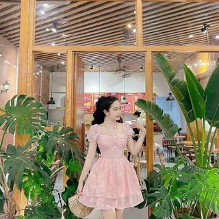 Đầm nữ ren cao cấp dáng xòe tay ngắn cột cổ đi chơi đi tiệc